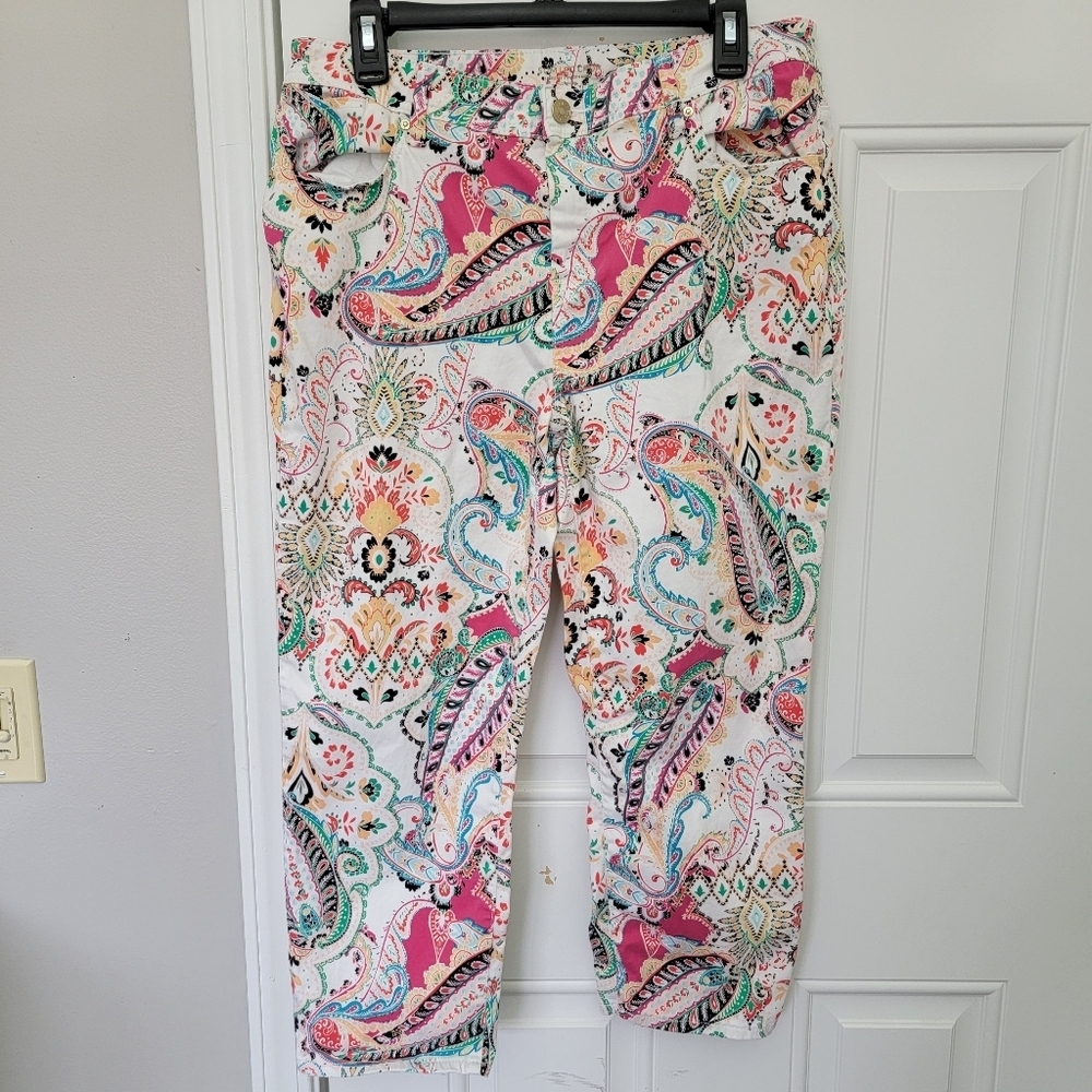 CHICO'S Slim Leg Crop Colorful Paisley Floral Print Flat Front Pants Size 12 - Picture 3 of 16